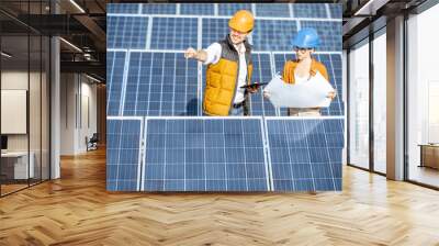 Two engineers or architects examining the construction of a solar power plant, standing with blueprints between rows of solar panels Wall mural