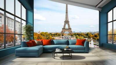 View on the Eiffel tower with fountains during the daylight in Paris Wall mural