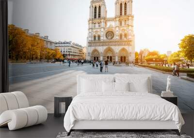 View on the famous Notre-Dame cathedral and square during the morning light in Paris, France Wall mural