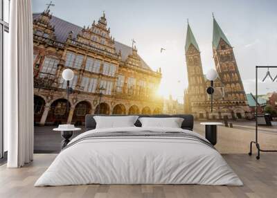 View on the Market square with city hall and Saint Peter cathedral during the morning light in Bremen city, Germany Wall mural