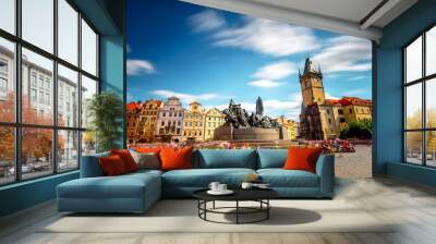 view on the old town square with the famous clock tower in prague city. long exposure image technic  Wall mural