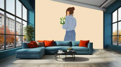 Woman keeping a bouquet of white tulips and staying back. Vector illustration in flat style and pastel tones.  Wall mural