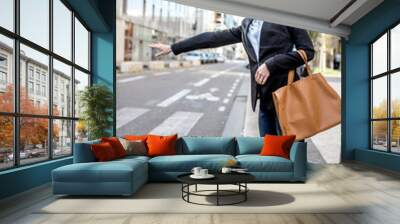 Young businesswoman catching a taxi standing on the street at the modern residential district Wall mural