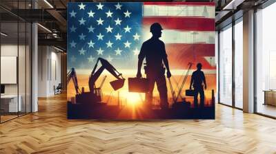 construction worker and american flag, labor day background Wall mural