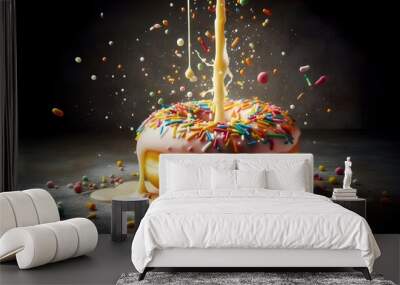 Glazed donut doughnut with colourful sprinkles floating dripping splashing with sugar icing syrup in the air. Copy text space Wall mural