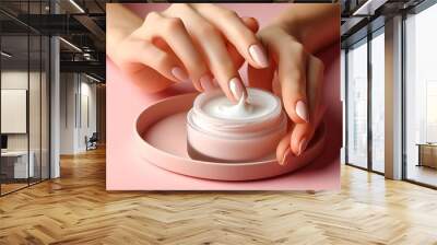 Health care, beauty asian young woman in bathrobe, towel after shower bath, spa relax at home, use finger putting take out moisturizer cream from jar. Skin body moisturizing lotion, routine in morning Wall mural