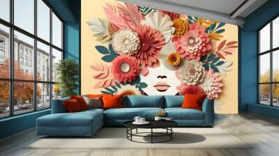 Portrait of a woman with lots of flowers. Abstract trendy art paper collage design Wall mural