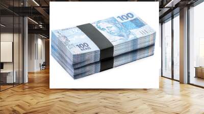 wad of money, grand prize, one hundred thousand reais of brazil money, concieot of savings, income, wealth, earnings or lottery, on isolated white background Wall mural