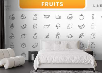 Fruits and berries line icons collection. Orange banana melon apple, blueberry, pineapple pomelo, kiwi peach, fig kiwi fresh fruits icon pack. Thin outline icons. Wall mural