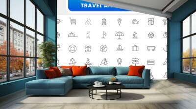 Travel and tourism line icon set. Airplane, trip, beach, passport, summer vacations, luggage, camping, hotel, entertainment simple icon collection. Outline icon collection. Thin outline icons pack. Wall mural