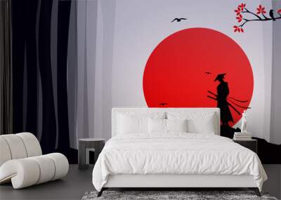 silhouette of a samurai in the night background. Japanese samurai warrior with a sword. Samurai with red moon wallpaper. red moon. japanese theme wallpaper. Wall mural