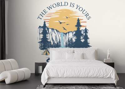 Adventure at the mountain graphic artwork for t shirt and others. Mountain with tree retro vintage print design. Wall mural