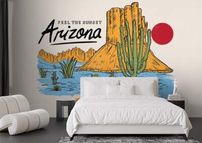 Arizona colorful print design for t shirt. Desert vibes artwork design for sticker, poster, background, fashion and others.  Wall mural