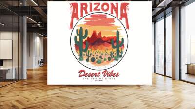 Arizona desert retro print design for t-shirt. Arizona desert vibes  graphic print design. Western desert design for poster, sticker and others. Watercolor art. Wall mural