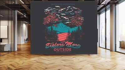 Explore more. Mountain adventure print design for t shirt and others. Night mountain graphic artwork for sticker, poster, background. Wall mural