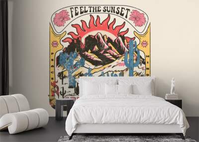 Feel the desert sunset. Arizona desert vector print design for t shirt and others. Desert vibes graphic print design for apparel, stickers, posters and background. Flower, cactus, Joshua tree artwork. Wall mural