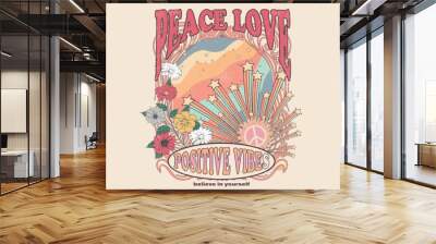 Flower and butterfly artwork design. Peace love party. Positive vibes. Wall mural