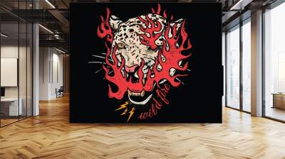 Leopard face graphic t shirt print design. Wild animal fire  artwork for posters, t-shirt,  stickers, background and others. Wild cat illustration.  Wall mural