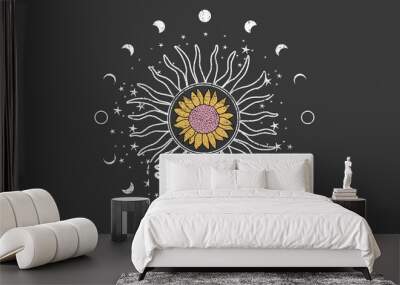 Moon circle and sun shine,  brave and free artwork, stars vector artwork design for apparel and others . Wall mural