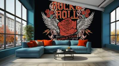 Rock and roll tour t shirt print design. Rockstar vector artwork. Eagle wing and rose flower graphic illustration. Music poster. Wall mural