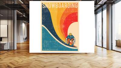 Snowboarding adventure at the mountain retro print design for t shirt, poster, background, sticker and others. Wall mural