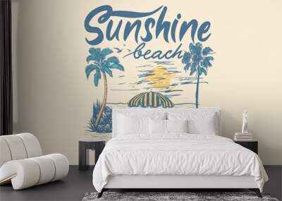 Sunshine beach. it's summer time. Palm tree with umbrellas  print design for t shirt, poster, sticker and others. California surfing paradise. Wall mural