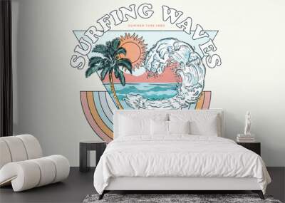 Surfing waves. Beach vibes print artwork for t-shirt, poster, sticker and others. Big wave with palm tree vector design. Sunshine. Wall mural