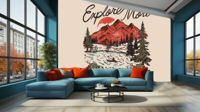 The great outdoors. Explore more print design. Outdoor at the mountain retro print design for t shirt and others. Mountain lake graphic artwork.  Wall mural