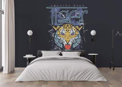 Tiger vector print design for t shirt and others. Animal graphic print design for apparel, stickers, posters, background . Wild life artwork. Rock and roll. Rock star.  Wall mural