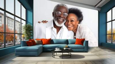 Beautiful fashionable elderly African American woman and man posing in trendy clothes on white background Wall mural