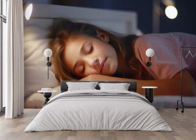 Girl child sleeps in her bed in a dark children's room with the night light turned on Wall mural