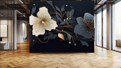 3d Abstract luxury gold pink orchid flower on dark navy blue background. Horizontal banner template. Suit for cover, header, wallpaper, banner, poster, backdrop Wall mural