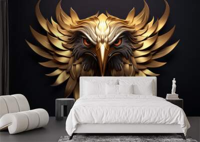 3d metallic gold eagle head on black beautiful texture background. Beautiful 3D print design for interior, wall, wallpaper, canvas. Video game logo Wall mural