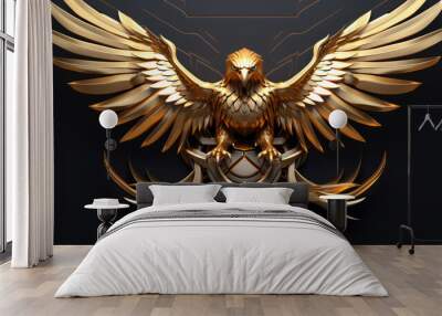 3d metallic gold eagle head on black beautiful texture background. Beautiful 3D print design for interior, wall, wallpaper, canvas. Video game logo Wall mural