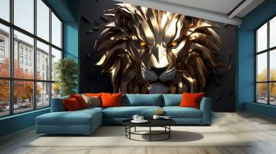 3d metallic golden lion king head face and shield, on black beautiful texture background. Beautiful 3D print design for interior, wall, wallpaper, canvas. Video game logo	
 Wall mural