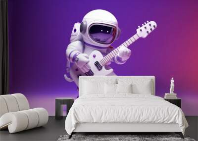 3d tiny cute robot astronaut mascot character with spaceman suit playing guitar, standing, posing, walking and floating in space, with universe background. Science , Futuristic and Technology concept Wall mural