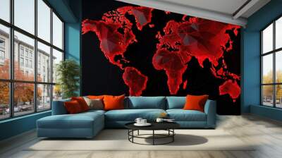 3d World map network connection red glowing polygonal triangle neon lines on dark black background. World connection futuristic concept, website landing page template design. Generative  Wall mural