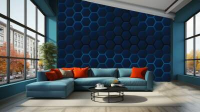 Abstract black blue red hexagon gaming background with modern luxury grid pattern retro vapor synthwave smoke fog, neon red light ray and triangle stripes line paper cut style	
 Wall mural