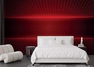 Abstract black red gaming background with modern luxury grid pattern retro vapor synthwave smoke fog, neon red light ray and triangle stripes line paper cut style Wall mural