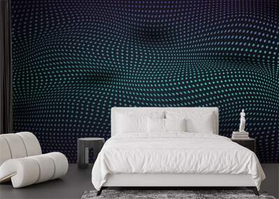 Abstract dots particles flowing wavy blue green light isolated on black background Wall mural