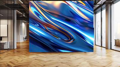 Abstract fluid iridescent holographic neon curved wave in motion colorful blue, yellow, gold background, 3d render. Gradient design element for backgrounds, banners, wallpapers, posters and covers Wall mural