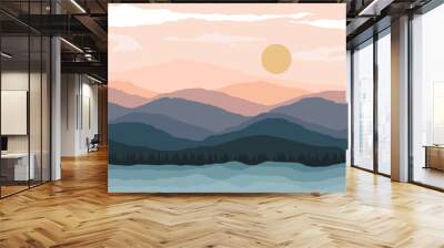 Abstract landscape illustrations. Mountains, sun, moon, sunset, desert, hills minimalist design. Trendy mid century art, boho home decor, wall art. wide art landscape design Wall mural