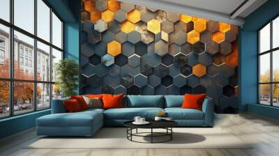 Abstract metallic texture hexagon pattern with glowing orange red flame on black grey background technology style. Modern futuristic honeycomb concept. Wall mural