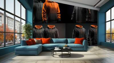 Blank black hoodie template. Hoodie sweatshirt long sleeve with clipping path, hoody for design mockup for print, isolated on white / black background. Sport wearsuit. Template sport winter clothes Wall mural