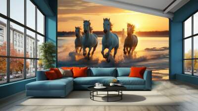 Brown, grey, black and white horses running on the water beach , against the background soft sunset light. Wall mural