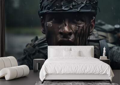 Closeup photo of an infantry soldier with equipment gun , camouflage forest military army on blur warzone background. Soldier's face covered in mud. Resilience, anger, sad, fear and bravery. Cinematic Wall mural