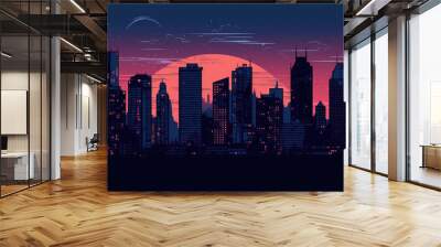 Downtown cityscape with purple night view, comic halftone retro design. Summer design. Generative AI Wall mural