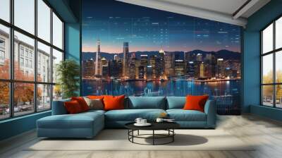 Financial graphs and digital indicators overlap with Double exposure of night skyscrapers San francisco city office buildings background. Banking, financial and trading concept. Wall mural