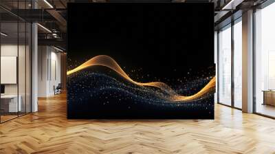 Flowing dot particles wave line pattern yellow gold gradient light isolated on dark black background. Concept of AI technology, science, soundwave, big data , website template, and landing page. Wall mural