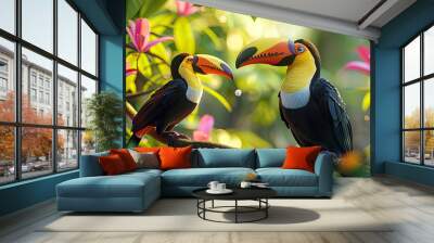 Horizontal banner with two beautiful colorful toucan birds (Ramphastidae) on a branch in a rainforest. Couple of toucan bird and leaves of tropical plants on sunny background. Copy space for text Wall mural